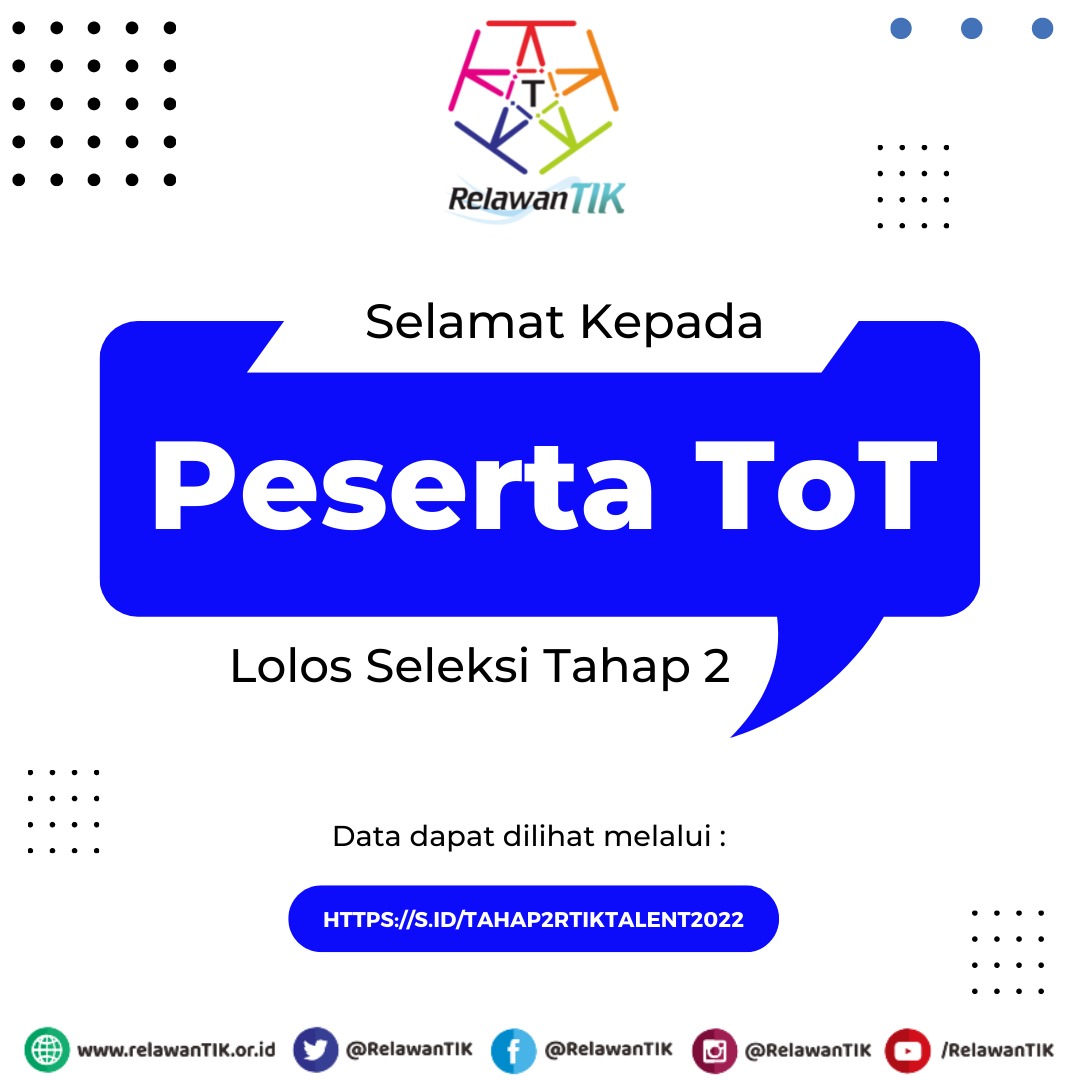 Selamat kepada Peserta Training of Trainer yang lolos seleksi tahap 2, data dapat dilihat melalui link

s.id/tahap2rtiktale…

#banggajadirelawantik #rtiktalent #smartrtik #rtikindonesia