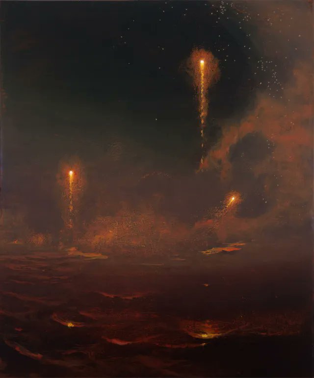 RaminNasibov's tweet photo. Incendiary Nocturne with Stormy Sea by Stephen Hannock, 2016 https://t.co/njAt88ASUT
