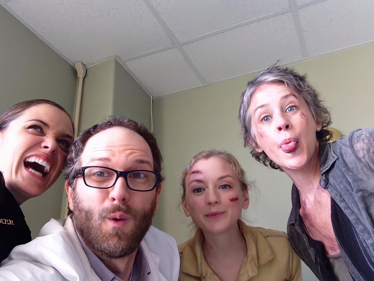 EmKSources's tweet photo. Behind The Scenes photo of Emily Kinney (Beth Greene), Erik Jensen (Dr. Steven Edwards), Christine Woods (Dawn Lerner), &amp; Melissa McBride (Carol Peletier), from The Walking Dead Season Five, Episode Eight “Coda” https://t.co/jsvyhS7t8h