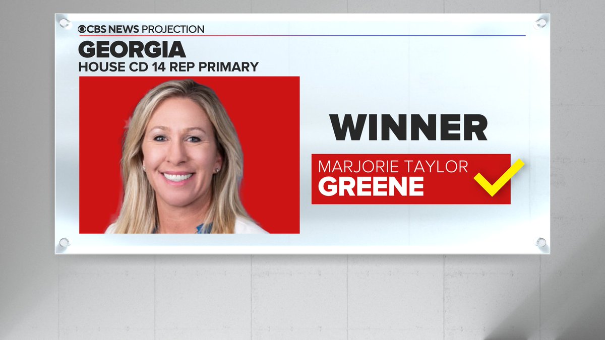 CBSNews's tweet image. JUST IN: CBS News projects Marjorie Taylor Greene wins the Republican nomination for House in Georgia’s 14th District. cbsn.ws/3wJ6z0r