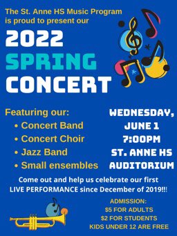 Join us on June 1!  We are all so excited to be performing once again on our great St. Anne stage! It’s been a long time coming…can’t wait!!
<a href="/SteAnneCHS/">Ste. Anne CHS</a> <a href="/SJB_Blazers/">St. John the Baptist</a> <a href="/stmarywecdsb/">St. Mary French Immersion School</a> <a href="/stwwecdsb/">St. William School</a> <a href="/StPeterWECDSB/">St. Peter WECDSB</a> <a href="/stpxwecdsb/">St. Pius X School</a> <a href="/standrewecdsb/">St. André</a> <a href="/StJEvangelist/">StJEvangelist</a> <a href="/oloaeagles/">Annunciation</a> <a href="/WECDSB/">WECDSB</a>