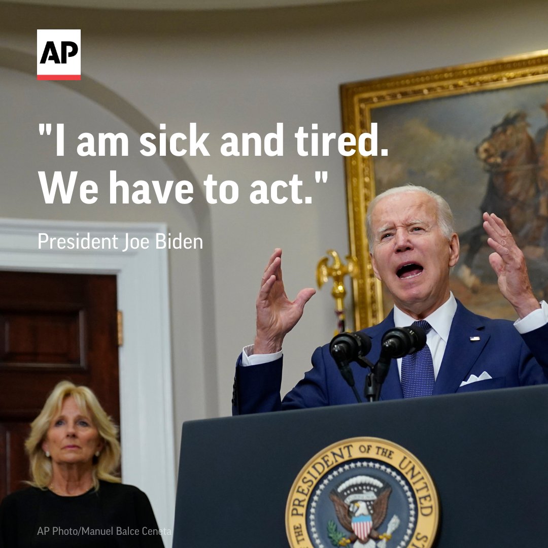 AP's tweet image. President Joe Biden delivered an emotional call for new restrictions on firearms after a gunman opened fire at a Texas elementary school on Tuesday. apne.ws/nWzLB9R