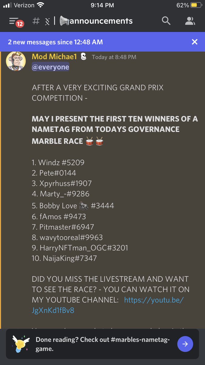 ApeProjectJames's tweet photo. @apeprojectnft @nametagtweets congrats to the winners of the nametag NFT’s! There’s another marbles game tomorrow night for a chance to win. Join our discord by clicking the links. #join #Discord #NFTCommunity #NFTs #NFTGiveaway #Ethereum #BSC https://t.co/u4Xwfx6Tjp