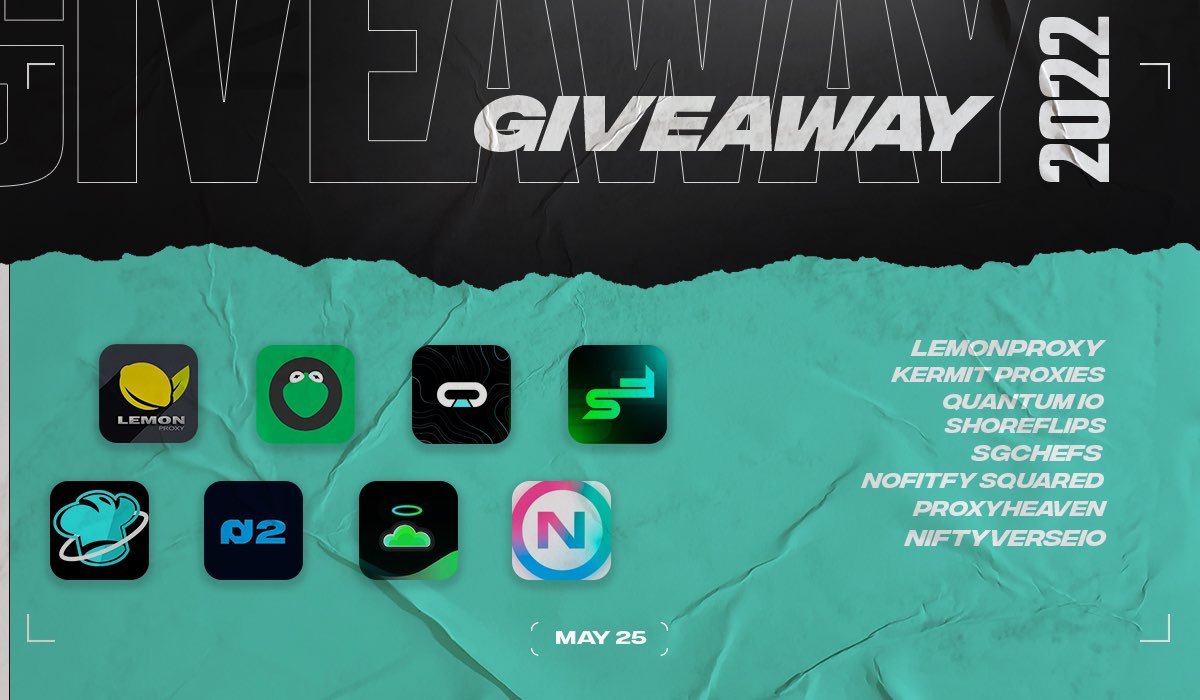 LEMONPROXY (@lemonproxy2020) on Twitter photo 🔥GIVEAWAY🔥
@Quantum_NFT - Weekly Access
<a href="/ProxyHeavenio/">ProxyHeaven</a> - 3X 25 ISP
<a href="/KermitProxies/">Kermit Proxies</a> -3X 1GB
<a href="/NotifySquared/">N2</a> - 1 x Renewal
<a href="/LEMONPROXY2020/">LEMONPROXY</a> - 5X 1GB
@niftyverseio - beta key
<a href="/sgchefs/">SGChefs</a> - 1X Monthly
<a href="/ShoreFlips/">ShoreFlips</a> - 1X Monthly
Like❤️ + Retweet♻️ + Follow✅ TAG 2✨ 🔥GIVEAWAY🔥
@Quantum_NFT - Weekly Access
<a href="/ProxyHeavenio/">ProxyHeaven</a> - 3X 25 ISP
<a href="/KermitProxies/">Kermit Proxies</a> -3X 1GB
<a href="/NotifySquared/">N2</a> - 1 x Renewal
<a href="/LEMONPROXY2020/">LEMONPROXY</a> - 5X 1GB
@niftyverseio - beta key
<a href="/sgchefs/">SGChefs</a> - 1X Monthly
<a href="/ShoreFlips/">ShoreFlips</a> - 1X Monthly
Like❤️ + Retweet♻️ + Follow✅ TAG 2✨