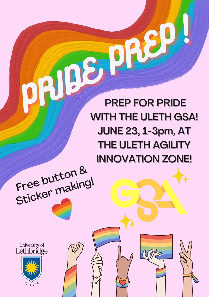UlethGsa's tweet photo. Join us on June 23rd from 1-3pm for some pride prep! We will have tons of fun pride gear making including a custom button and sticker station. The event will take place in the Thrive innovation centre located on the 6th floor of the Uleth SAB 🌈 https://t.co/GXoVlKCXQF