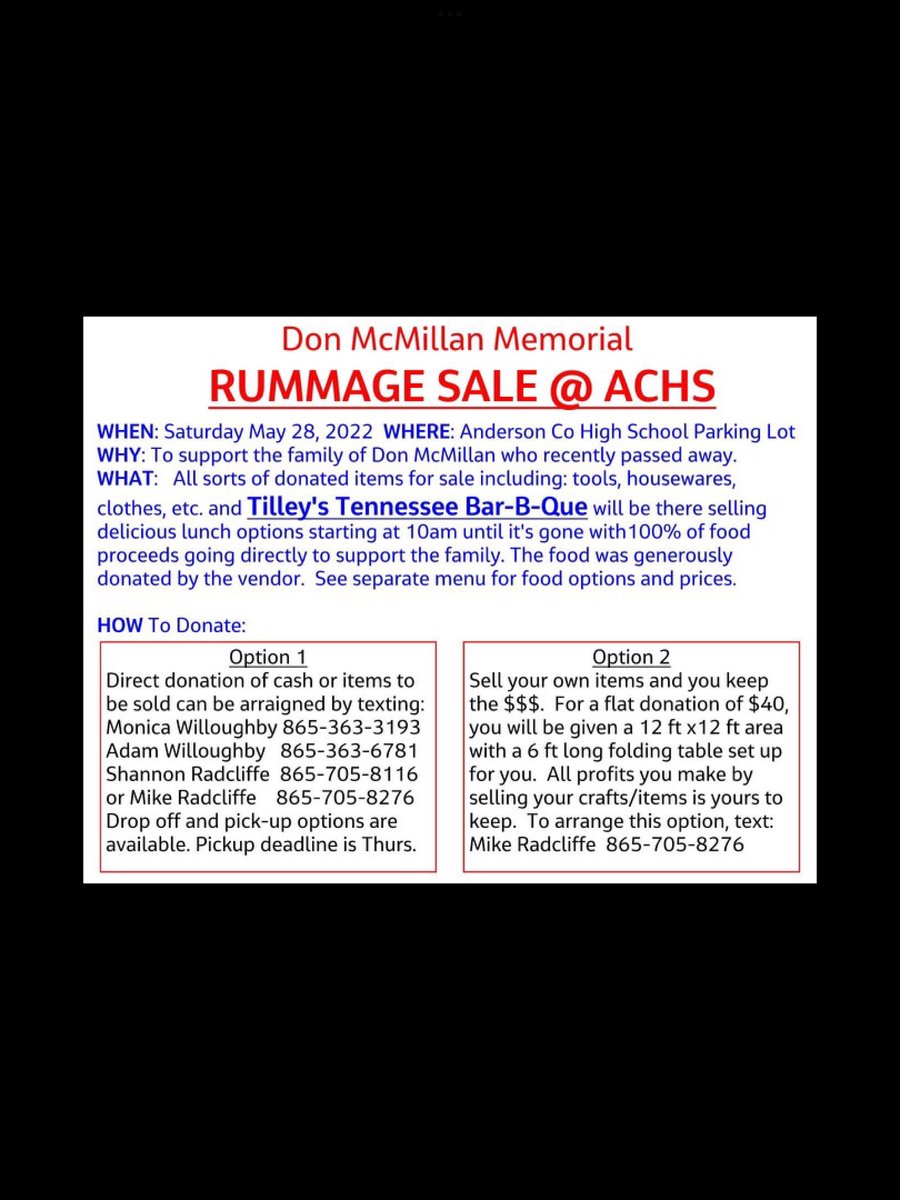 drnoe5's tweet photo. Flood Social media with 

Rummage Sale for the family of Don Donald McMillan! Please read and if you have any questions please DM me 

Please RT and Post 
@mavram18 and @TreyNoe55 challenges all comers to spend more than they do 

like and RT or I hope you get Monkey Pox https://t.co/n3BN4hoSQu