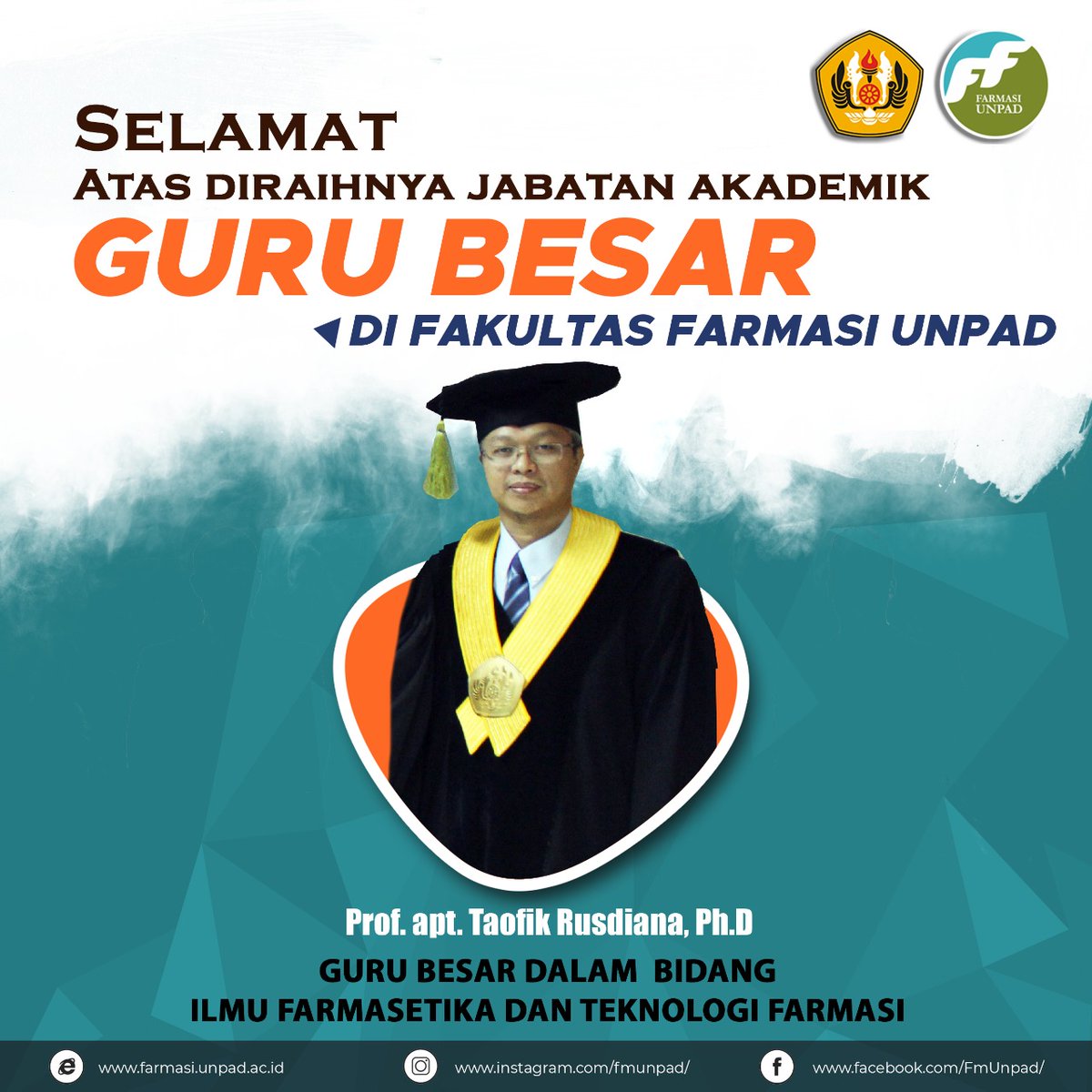 Selamat dan sukses kepada Prof. apt. Taofik Rusdiana, Ph.D.  atas diraihnya jabatan Guru Besar bidang Farmasetika dan Teknologi Farmasi.

#facultyofexcellence 
#gurubesarfarmasiunpad
