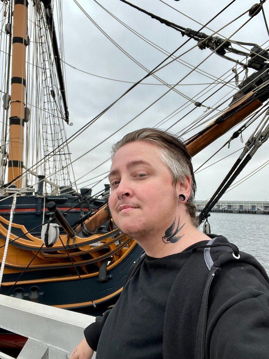 My friend with his new Izzy Hands tattoo in front of the HMS Surprise! Boom!    #OurFlagMeansDeath #HMSSuprise #izzyhands
