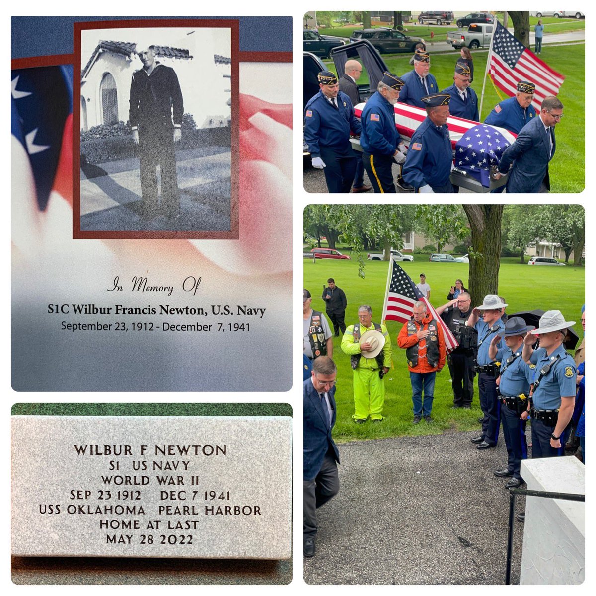 MSHPTrooperH's tweet image. The remains of Seaman First Class Wilbur Francis Newton returned home to Mound City. S1C Newton died December 7, 1941, on the USS Oklahoma. His remains were unidentified until 2021. Sgt. Andy Henry, Sgt. Kaleb Jeffers and Tpr. Caleb Blue were honored to assist with the detail.