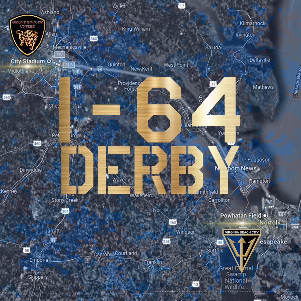 vaatlanticfc's tweet photo. New rivalry? This weekend's first ever match up between Grove and VB City FC has been coined the "I-64 Derby" by fans. So be it! We hope you can make the trip to City Stadium on Saturday to support our guys. Match preview out tomorrow!🔱 https://t.co/sBqI89LJJ2