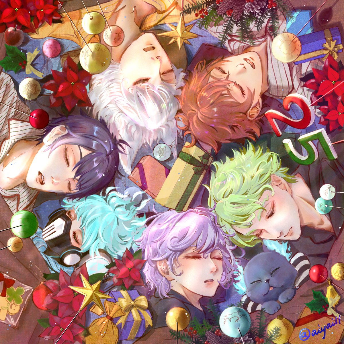 multiple boys christmas sleeping purple hair green hair male focus closed eyes  illustration images