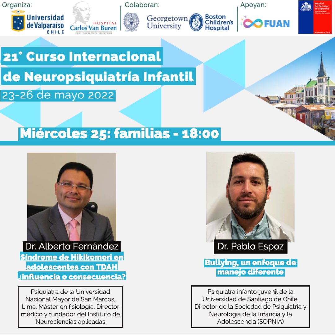 Esperamos que la segunda jornada haya sido de su agrado.

Les presentamos a los expositores de la tercera jornada, dedicada a familias y cuidadores. Nuevamente trasmitida vía Facebook Live.

¡Les esperamos mañana a las 18:00 horas!