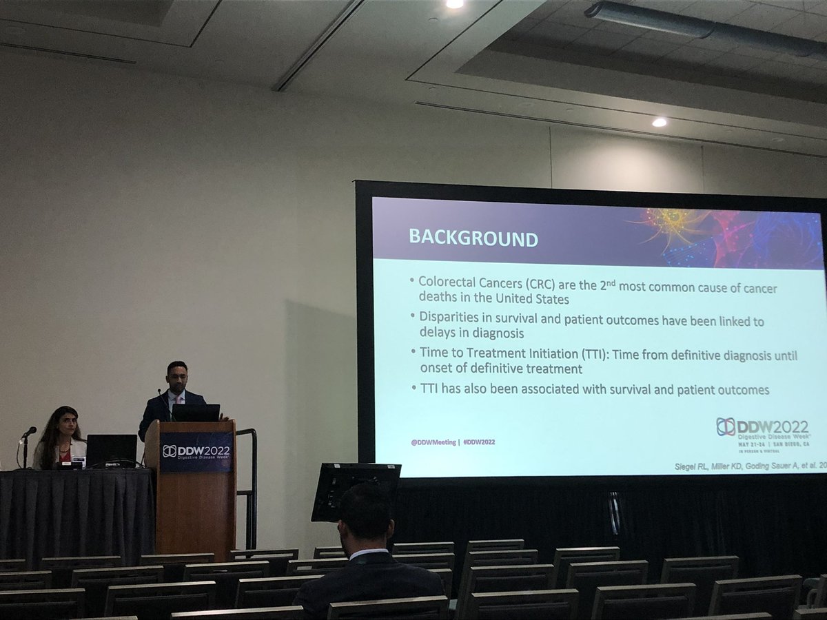 TempleGastro's tweet photo. @TempleIM future chief resident @RKhatriMD delivering his oral presentation on time to treatment initiation in #colorectalcancer. Bravo! #DDW2022 https://t.co/kCujQQFmva