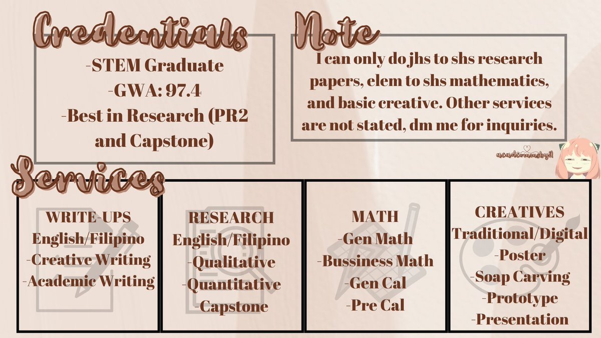 acadcommsbyA's tweet image. Hey! I am Anya. A new academic commissioner to get to know me, please see the commission sheet below. For inquiries dm me, ready to assist you and provide quality output