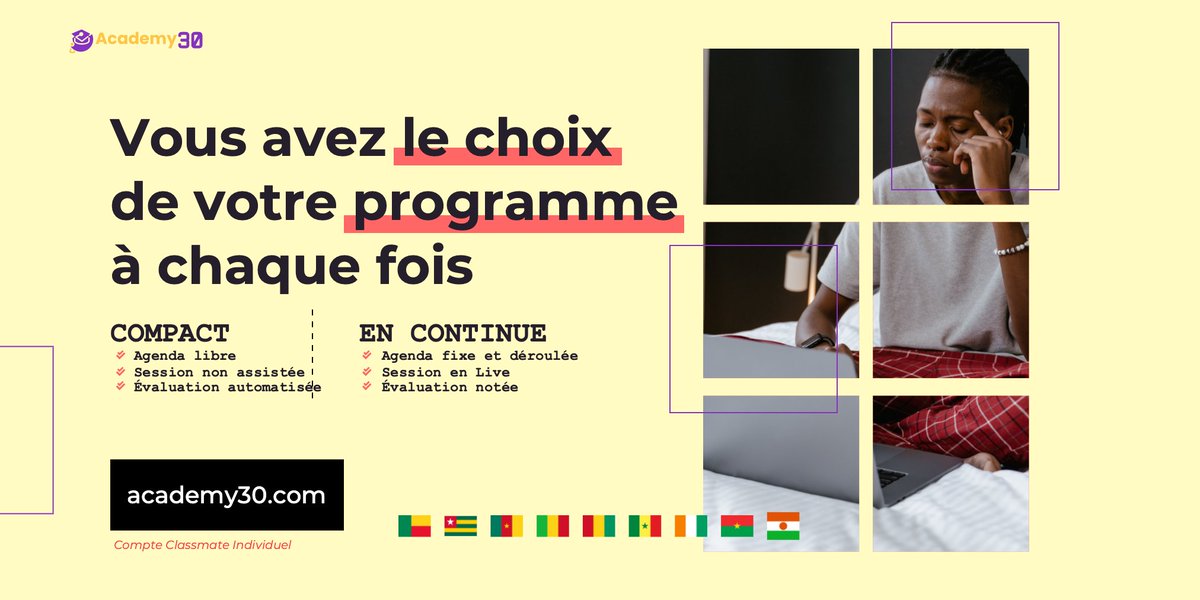 Academy30Com's tweet photo. 🤓Que ce soit en Droit, en Multimédia ou en Développement informatique, il y aura 2 types de programmes de formations offrant assez de choix pour en tirer partie pleinement.
Alors, réservez votre compte Classmate dès maintenant.
#civ225 #kebetu #wasexo #tgtwittos #guinnee etc. https://t.co/z6km9reKxc