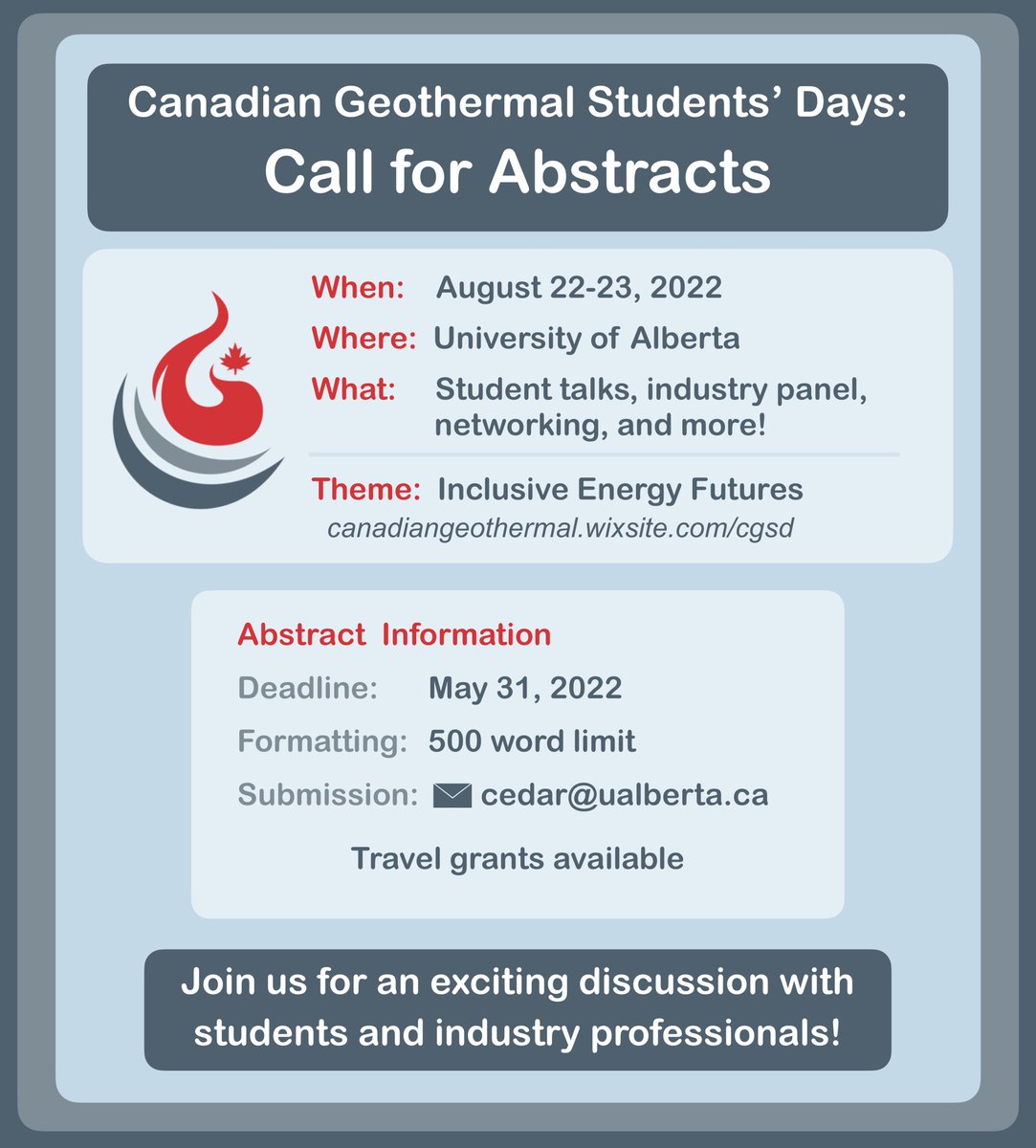 GeoStudentsDays's tweet photo. There is one week left to submit your abstract for Canadian Geothermal Students' Days. Abstract template and more information about the conference are available at https://t.co/xvLhrlResd
#geothermal https://t.co/oBXDhFbs3Y