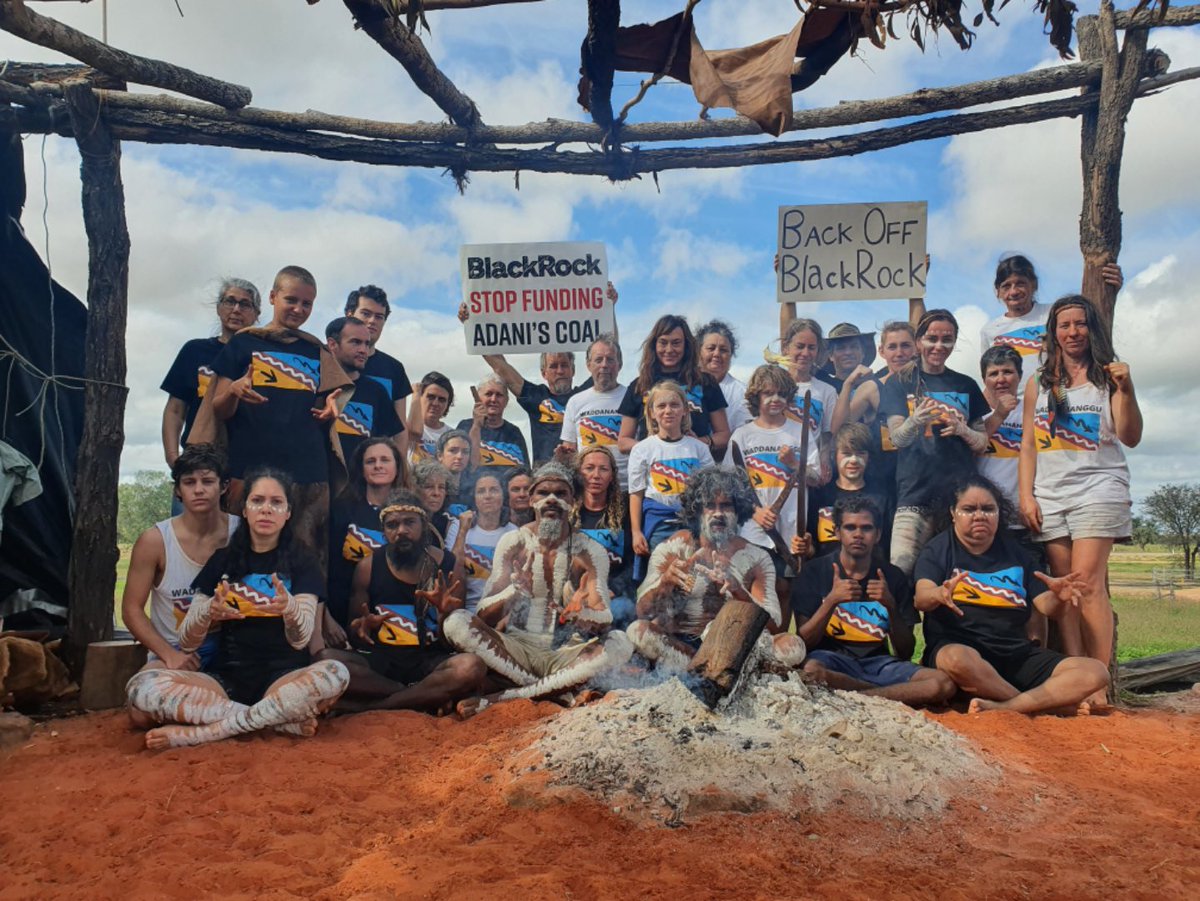 1/3 - This is our message to <a href="/AdaniOnline/">Adani Group</a>'s biggest investor <a href="/BlackRock/">BlackRock</a> on the day of their AGM. Your funding of Adani is destroying our country and violating our rights as Indigenous people. Back off BlackRock! #BlackRockBackslide #BLKsBigProblem #StopAdani #StandingOurGround