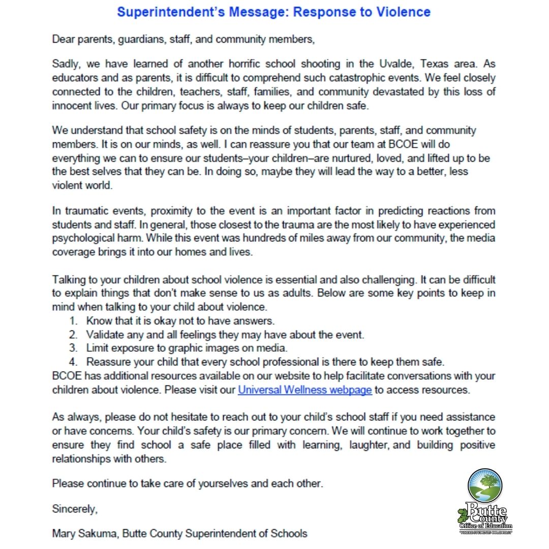 Our hearts are with Texas. As educators and as parents, it is difficult to comprehend such catastrophic events.  Our primary focus is always to keep our children safe.  Visit our website for resources to help talk to your children. bit.ly/3yXRB8r <a href="/NVCF/">NVCF</a> <a href="/ButteSheriff/">Butte County Sheriff</a>