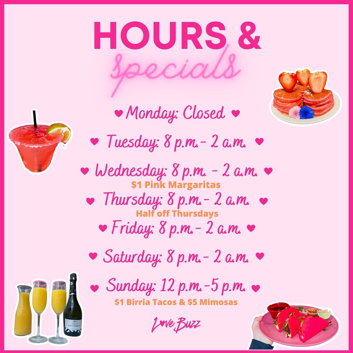 heylovebuzz's tweet photo. 𝙉𝙚𝙬 𝙃𝙤𝙪𝙧𝙨!! ✨💗

Here are our daily hours beginning tomorrow! ⏰

✨Happy Hour✨ and all ages welcome from 8-10PM 🪩

Thank you for choosing Love Buzz 💋💘

#rgv #956 #mcallentx #mcallen #lovebuzz #happyhour #dailyspecials #pinkbar #rgvevents #exploremcallen https://t.co/lZdCZNuDjw