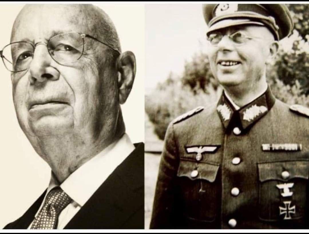 On the left, founder of the World Economic Forum, Klaus Schwab.

On the right, his father, intimate confidant of Adolf Hitler, the industrialist &amp; fascist "Eugen Schwab" in uniform. Klaus was born in Hitler's Germany in 1938. At the time his father was in charge.