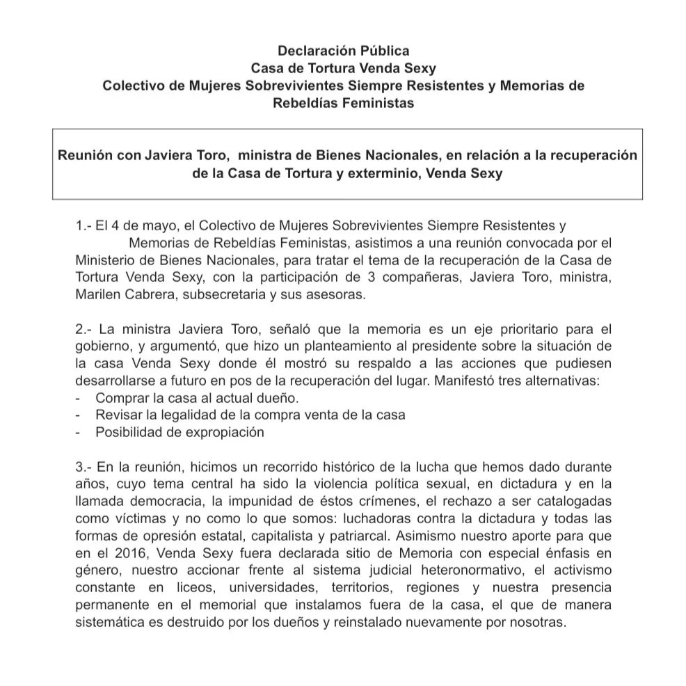 MujeresSobrev's tweet photo. 🔴Declaración Pública - Reunión con Ministra de Bienes Nacionales Javiera Toro en relación a la recuperación de la Casa de Tortura y Exterminio Venda Sexy https://t.co/spkIx3VaKt