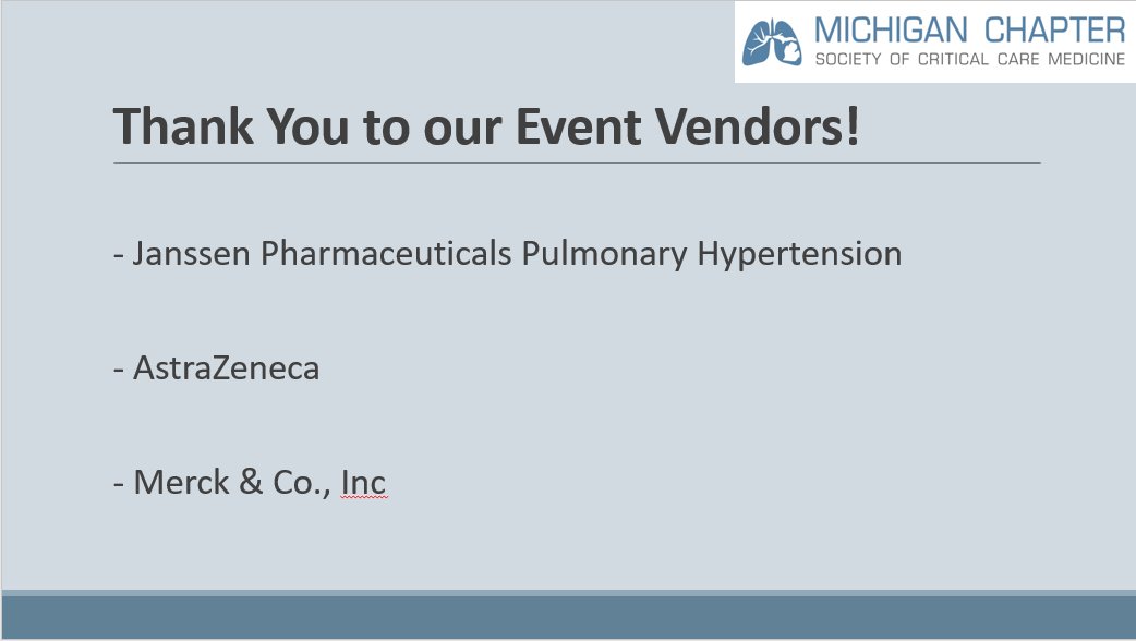 SCCMMichigan's tweet photo. Thank you to all of our clinicians that presented their case presentation or research project at the SCCM Michigan Chapter Scientific Symposium.  Excellent presentations!   Thank you to our event vendors. https://t.co/xllW37u16O