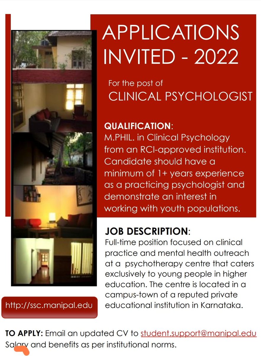 Inviting applications from clinical psychologists interested in joining the Student Support Centre, Manipal, Karnataka - a psychotherapy centre catering exclusively to young people in higher education. 
#TherapistsConnect 
#TherapistTwitter 
#mentalhealth