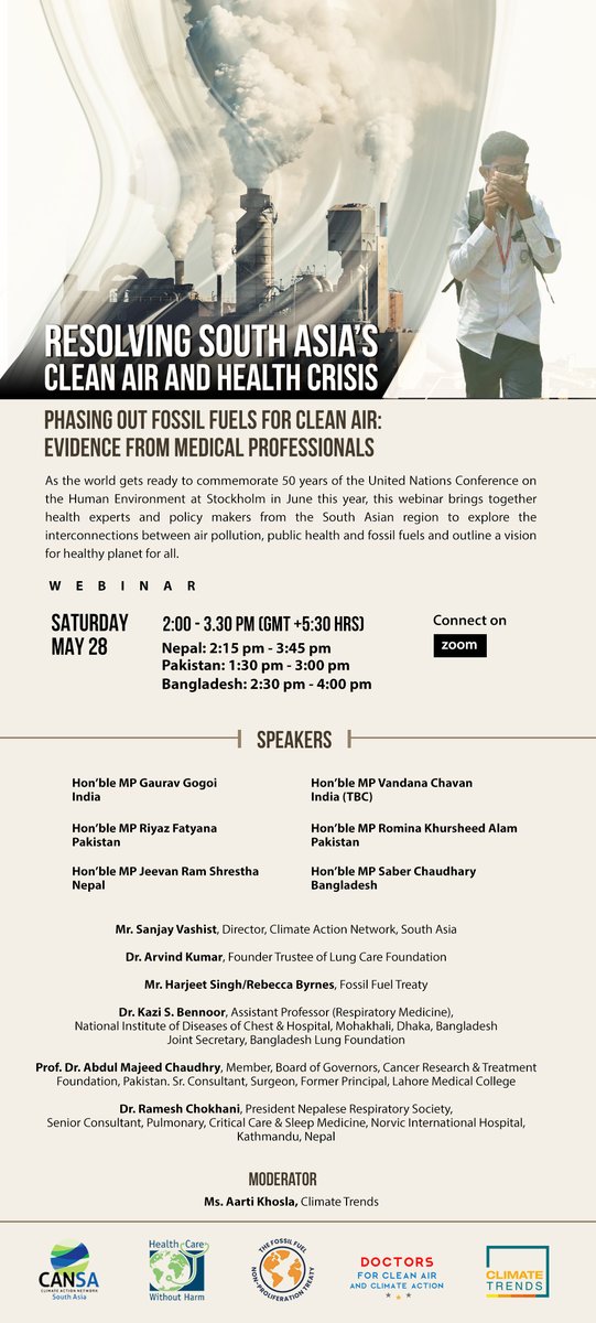 #FossilFuels are major drivers of climate change & have a direct impact on our health. Join the leading medical experts and MPs from #SouthAsia on May 28 to explore strategies of intervention on #AirPollution, #Climate & #Health #HealthyAir4SouthAsia RSVP bit.ly/3ak6Uy0