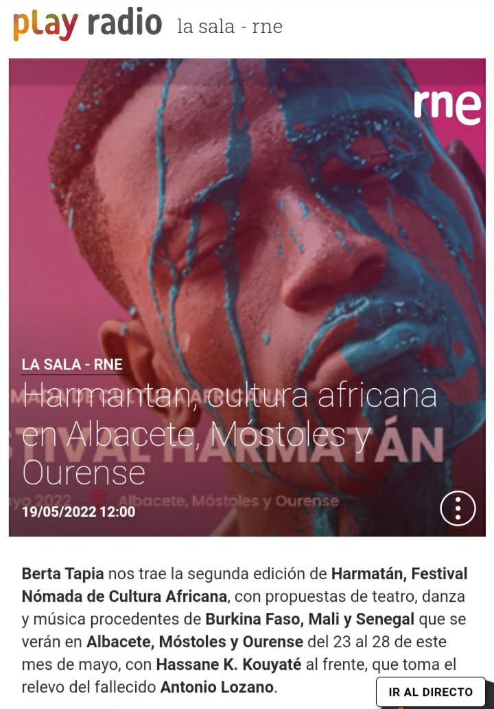 Berta Tapia nos habla de la segunda edición de Harmatán, Festival Nómada de Cultura Africana: teatro, danza y música procedentes de Burkina Faso, Mali y Senegal en Albacete, Móstoles y Ourense, con Hassane K. Kouyaté al frente.

🎧rtve.es/play/audios/la…