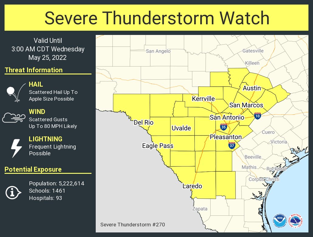 The <a href="/NWSSanAntonio/">NWS Austin/San Antonio</a> has issued a SEVERE THUNDERSTORM WATCH for our service area until 3AM CDT tomorrow morning.

⚪️ Apple-sized hail possible
🌬️ Wind gusts up to 80 MPH
⚡️ Frequent lightning possible

Stay #WeatherAware Sign up to receive emergency alerts warncentraltexas.org.