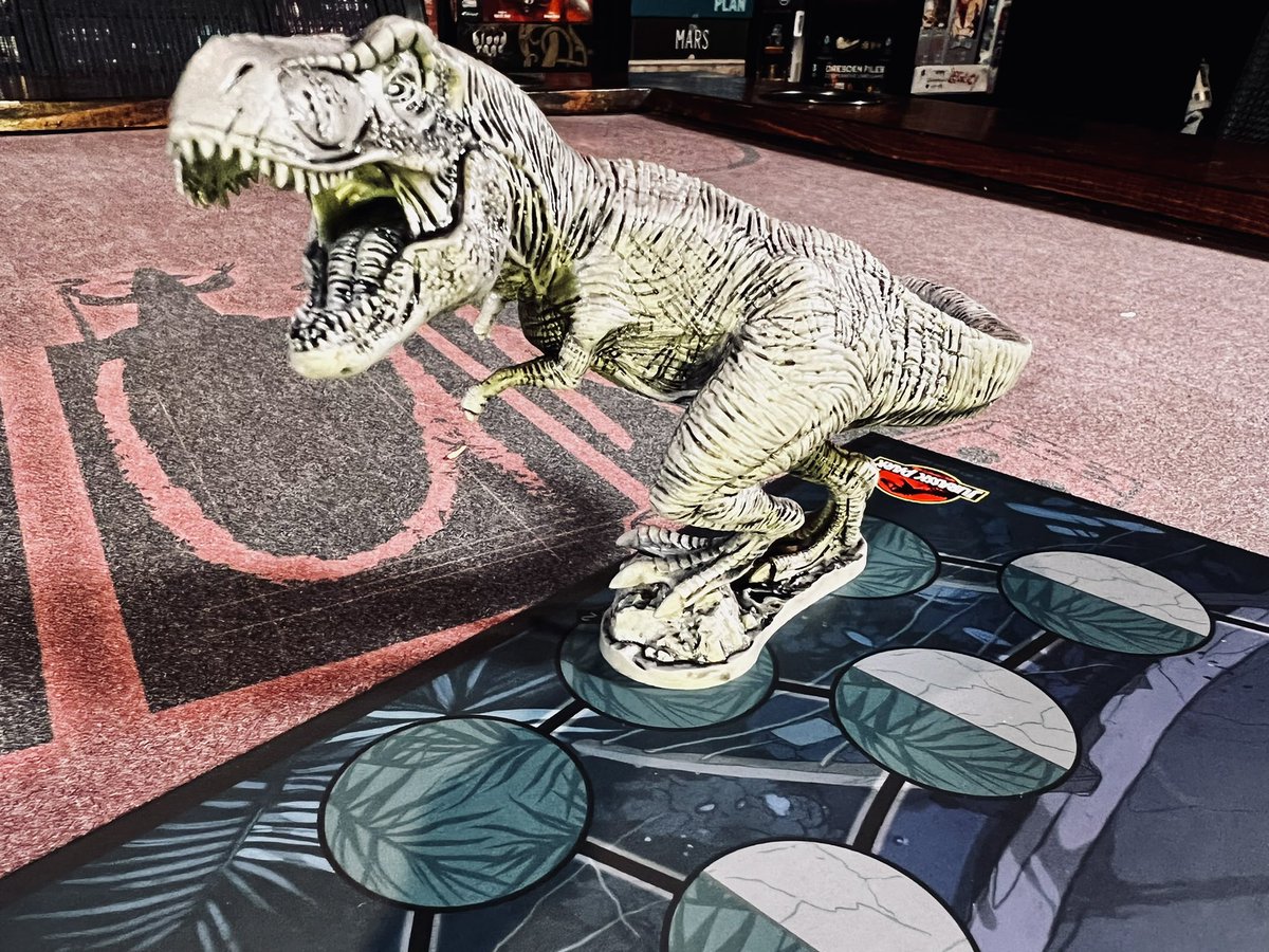 tabletoparcanum's tweet photo. Day 144: unmatched from @RestorationGame just had to try out the first large figure in the system, so much fun to stomp around the map as a T-Rex, the promo Malcom mini was totally worth it too. #unmatchedboardgame #restorationgames #jurassicpark #trex #drmalcolm #gameaday https://t.co/8HmffeVY0D