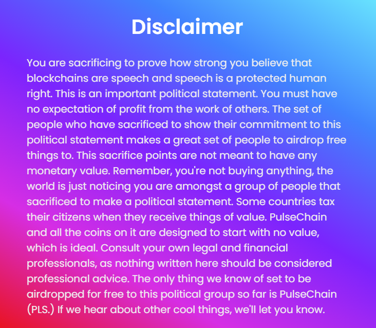 CryptoParadime's tweet photo. I'm not too familiar with the whole #PulseChain situation, but reading through their website, particularly the disclaimer was very disconcerting

1 / https://t.co/XobTIpOcVS