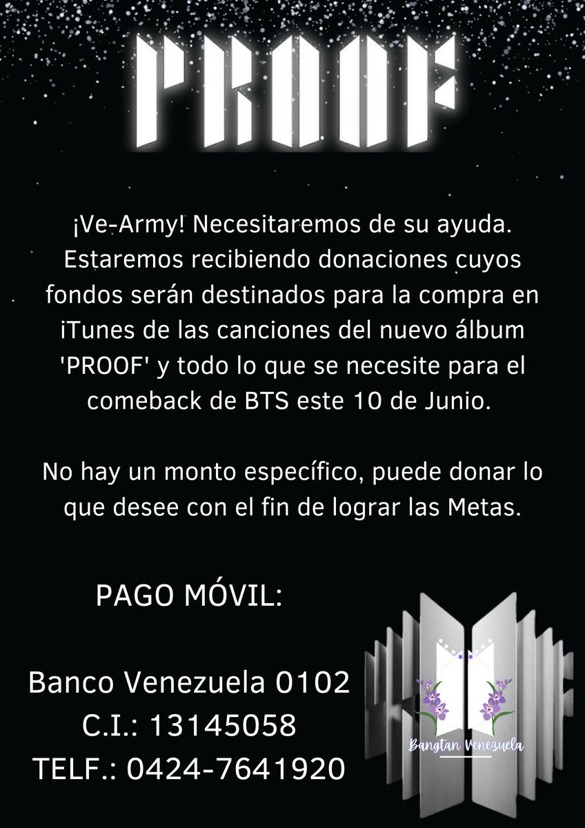 🇻🇪M E T A S P R O O F🇻🇪 A continuación, les dejamos las metas para VE-Army del nuevo álbum de BTS: ✨1er día ✨1era semana 📍Estreno: 10 de Junio 1PM KST/12AM VZLA Ayúdanos a difundir🙏 (SIGUE EL HILO👇) #BTS #방탄소년단 #BTS_Proof #BTSCOMEBACK2022 #VenezuelaIsPurpleToo