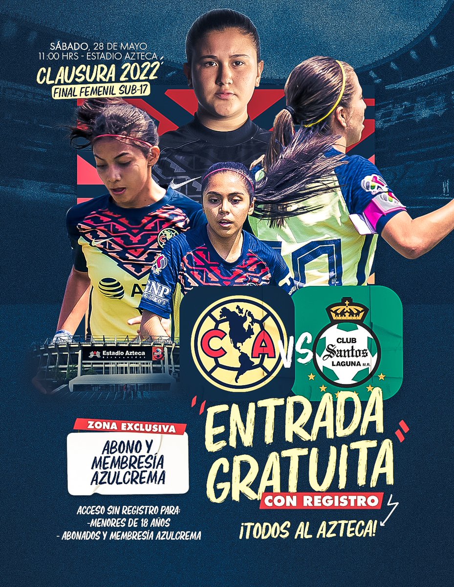 AmericaFemenil's tweet photo. ¡Todos al @EstadioAzteca! 🦅💫🏟️

🏟| 𝗙𝗜𝗡𝗔𝗟 𝗩𝗨𝗘𝗟𝗧𝗔 - América vs Santos
🗓️| Sábado, 28 de mayo 11:00 hrs
🎟️| Acceso gratuito con registro, (menores no se tienen que registrar)
💻| Regístrate 𝗮𝗾𝘂í: https://t.co/UfEGR1g08R https://t.co/zGoKlC6s7Y