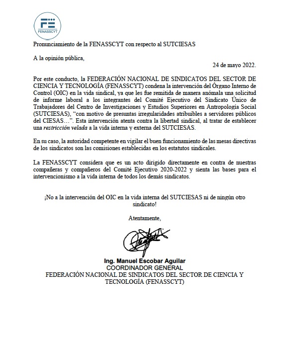 <a href="/fenasscyt/">FENASSCYT</a>  Condena la intervención del Órgano Interno de Control (OIT) en la vida sindical de SUTCIESAS.
#libertadsindical
<a href="/NahualSutciesas/">Nahual Sutciesas</a> <a href="/jagarciapalermo/">Julio Antonio García-Palermo</a> <a href="/ferfuentesmty/">Fernando Fuentes</a> <a href="/Antimio/">Antimio Cruz</a>