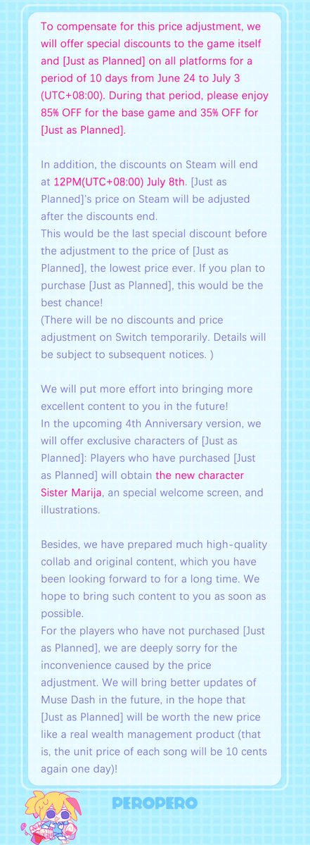 MuseDash_EN's tweet photo. Notice on Adjusting the Price of [Just as Planned]

Thank you for your support for Muse Dash all the time. Here's an important thing to let you know m(,_,)m

#MuseDash https://t.co/m0Ksoln8cy