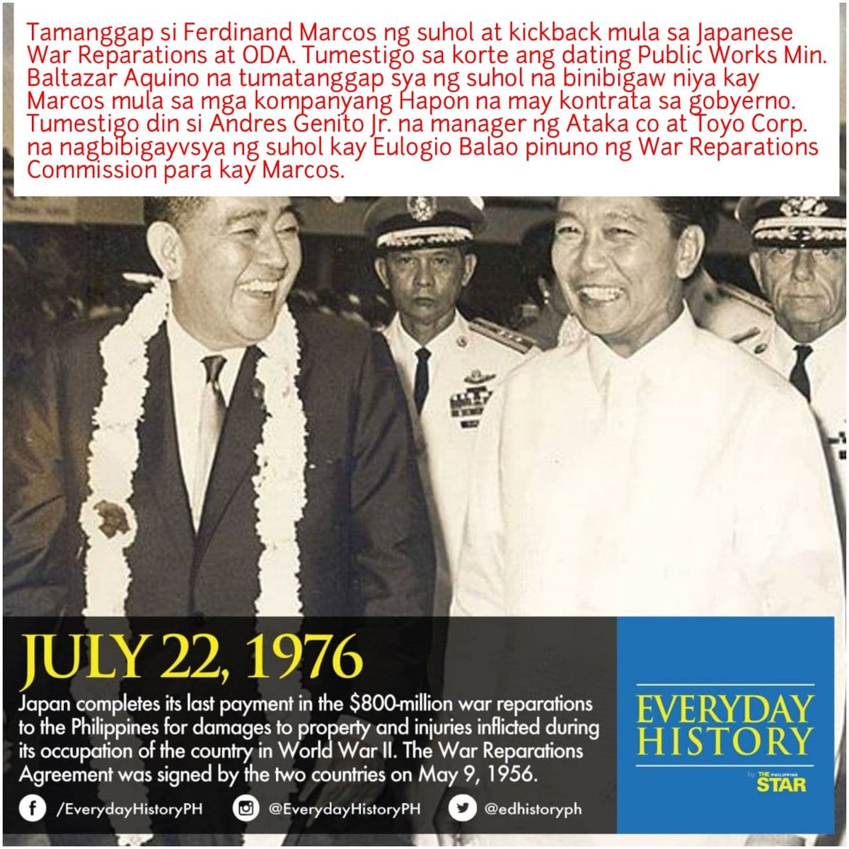 SaltAndReality's tweet photo. Ferdinand Marcos stole millions in Japanese War Reparations. Former Public Works Min. Baltazar Aquino testified in court he would receive for Marcos kickbacks while Japanese Company Exec Andres Genito Jr testified they gave cash to War Reparations Chief Eulogio Balao for Marcos https://t.co/qoWysHVIsU