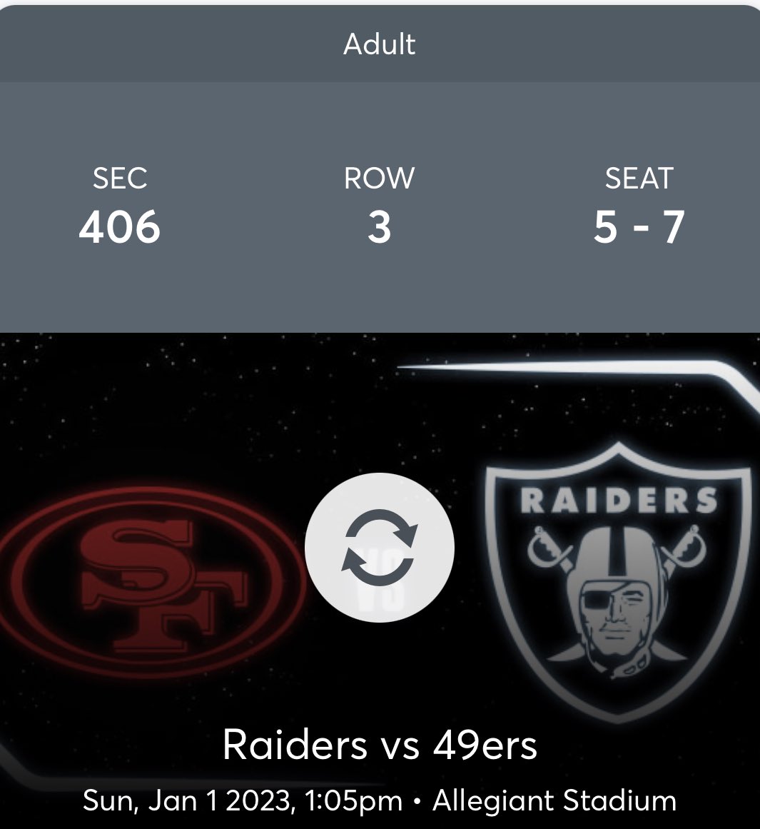 CHEWCEO on X: 'Raiders Vs 49ers game $450 per ticket #Raiders #49ers  #football #NFLTwitter #RaiderNation  / X