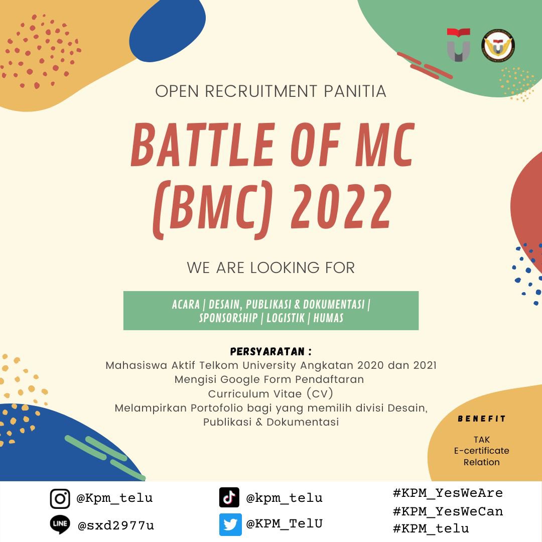 KPM_TelU's tweet photo. [ OPEN RECRUITMENT PANITIA BMC 2022 ] KPM Telkom University sedang membuka kesempatan bagi teman-teman yang tertarik untuk bergabung menjadi bagian dari acara BMC 2022. Yuk segera daftarkan dirimu!! https://t.co/QErk4V4LyL