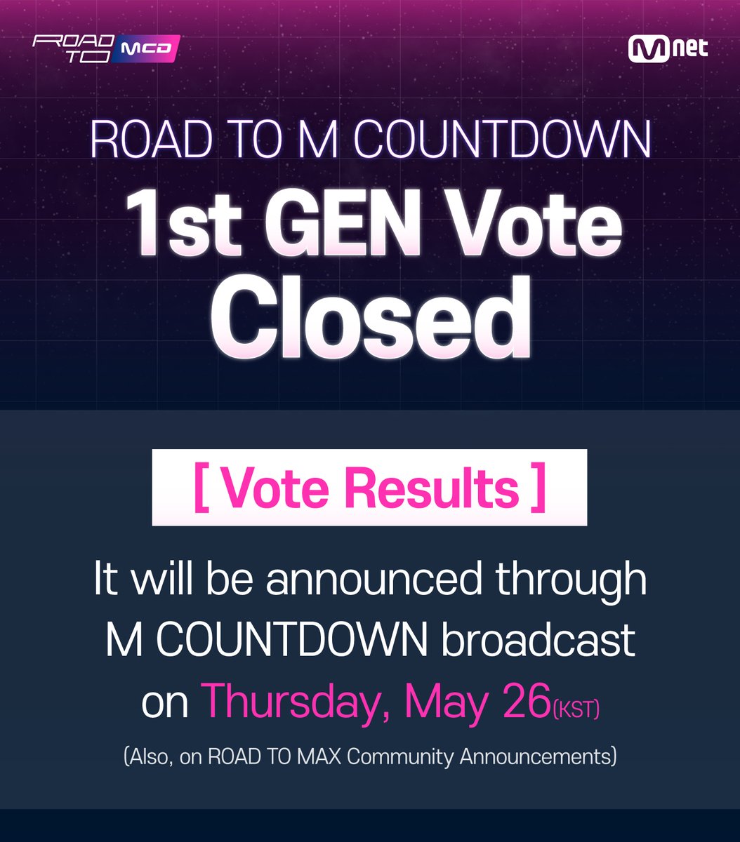 mnetplus's tweet photo. [#ROAD_TO_MAX]
⏱ROAD TO MCD 1st GEN VOTE closed 

The vote results will be announced through M COUNTDOWN broadcast &amp; ROAD TO MAX community on Thursday, May 26 (KST)! Find it out tomorrow night. Thank you all for participating in the vote🙇

▶ https://t.co/MM7ISTaIOr https://t.co/EyfT37LUO0