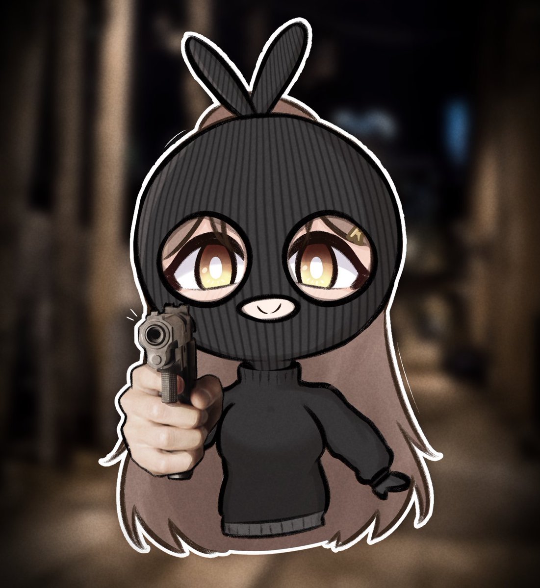 nanashi mumei 1girl weapon gun aiming at viewer brown hair long hair handgun  illustration images