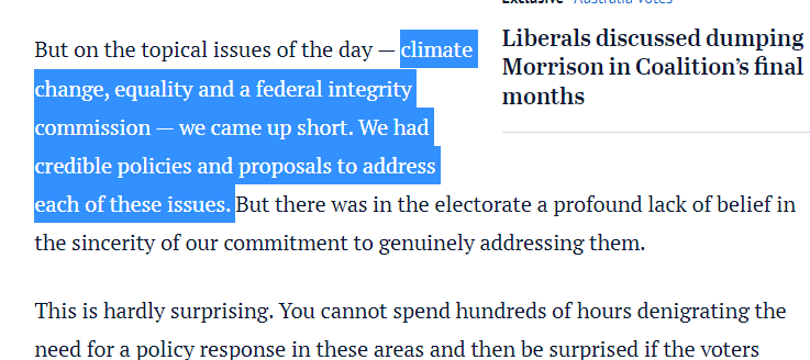 QuietAusStandUp's tweet photo. Dave Sharma already re-writing history in the SMH.

Let's be clear: there is absolutely no interpretation of the integrity or climate 'policies' that found them "credible" and that addressed the issues. 

If there were, why did Sharma barely mention either the whole campaign? https://t.co/2xqTsvNFbr