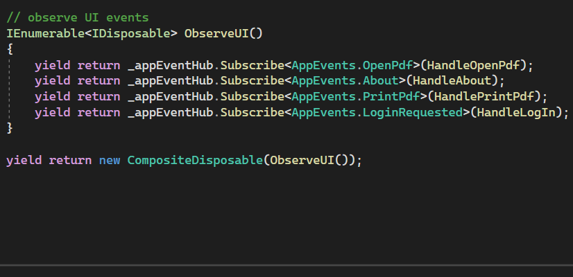 noseratio's tweet image. I really like how #ReactiveX uses IDisposable for managing subscription life-time and how easy it is to compose multiple-level subscription disposables. 

Also that I don&apos;t have to use XAML as this is a #winforms app. Some basic Rx .NET + plain C# is just good enough.