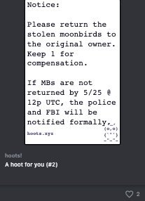 inkoh8's tweet photo. @CirrusNFT The wallet with the stolen birds just got airdropped this notice... https://t.co/zlGoNQGs4Z