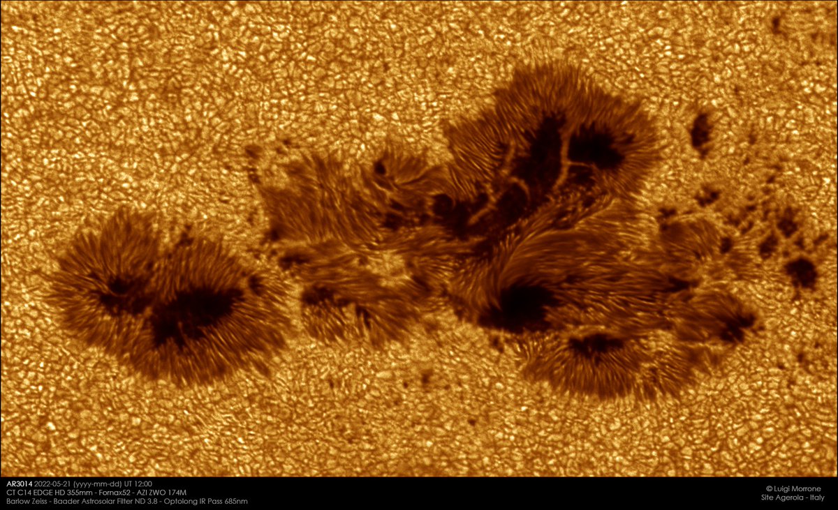zwoastro's tweet photo. AR3014 May 21st, 2022
Luigi Morrone shot this image under very good seeing and transparency conditions with his C14 Edge HD telescope and #ASI174MM planetary camera.
#Astrophotography https://t.co/cxvRoW0NML