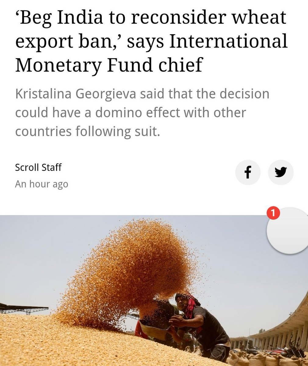 Sagar4BJP's tweet photo. When India stopped Wheat exports #90T gang blamed Modi ji.
Today IMF is begging to reconsider the exports ban. https://t.co/sv6K2WniuO