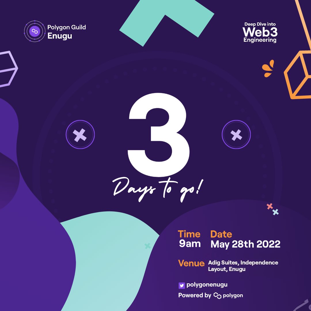 PolygonEnugu's tweet photo. It's 3 days before the event. Kindly tell us what city and state you'd be attending from. We'd really love to know. e.g (Transekulu, Enugu State). Let's go
#polygonweb3guilds #polygon #polygonenugu #web3event https://t.co/vN5PSxeEiK