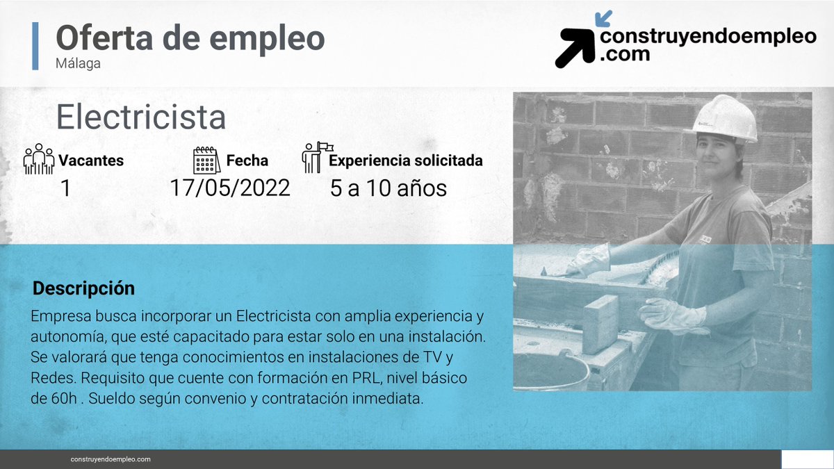 FLC_Empleo's tweet photo. ⚠ Consulta nuestro portal de empleo, y conoce las vacantes en el sector. 

💼Jefe/a de obra, #Segovia 

💼Electricista, #Málaga 

💼 Encargado/a de obra, #Murcia 

https://t.co/Riv8x7WTiM #EresLoQueConstruyes #EresEmpleo #FLCEmpleo https://t.co/sNhLU5YNUV