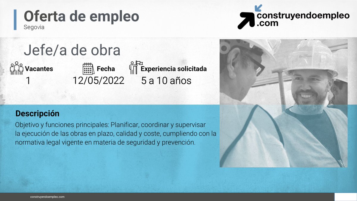 ⚠ Consulta nuestro portal de empleo, y conoce las vacantes en el sector. 

💼Jefe/a de obra, #Segovia 

💼Electricista, #Málaga 

💼 Encargado/a de obra, #Murcia 

construyendoempleo.com/#/mainPage #EresLoQueConstruyes #EresEmpleo #FLCEmpleo