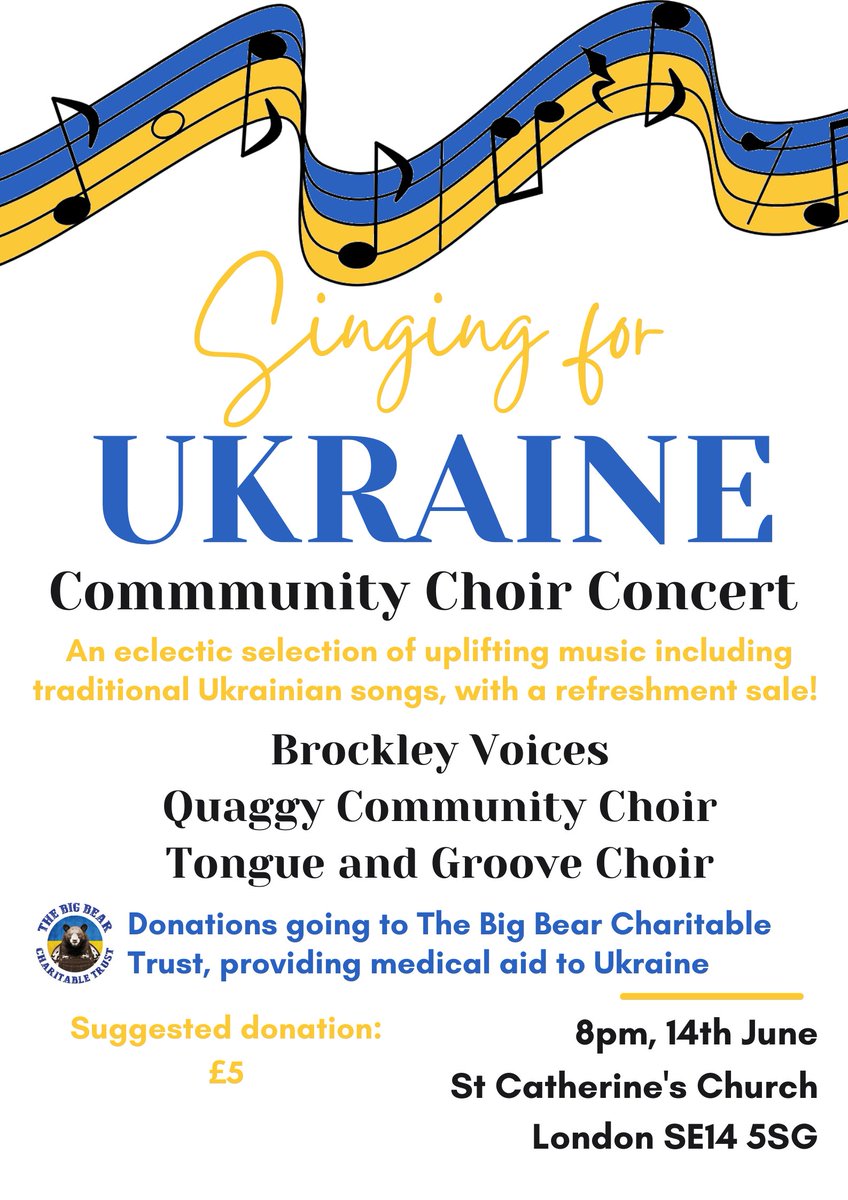 On Tuesday 14th June, Brockley Voices are bringing together 3 local choirs <a href="/QuaggyChoir/">QuaggyCommunityChoir</a> @TandGChoir for this amazing concert. Not to be missed :) Bar and cake sale. All funds raise go straight to the charity. At St Catherine's Church, Telegraph Hill. Hope to see you there :)